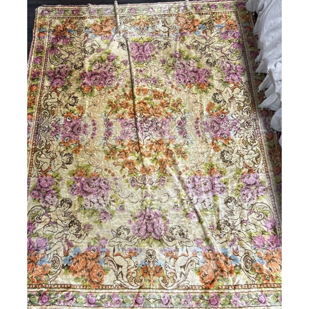 Vtg 1940's Italian Cherubs & Roses Bed Spread Cover 66”x73” Gold Pink Tapestry